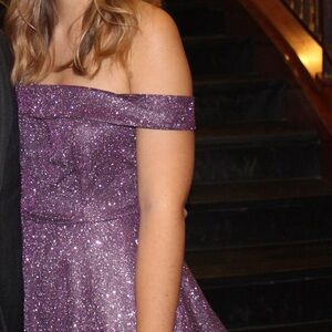 Sparkly off the shoulder purple mini dress